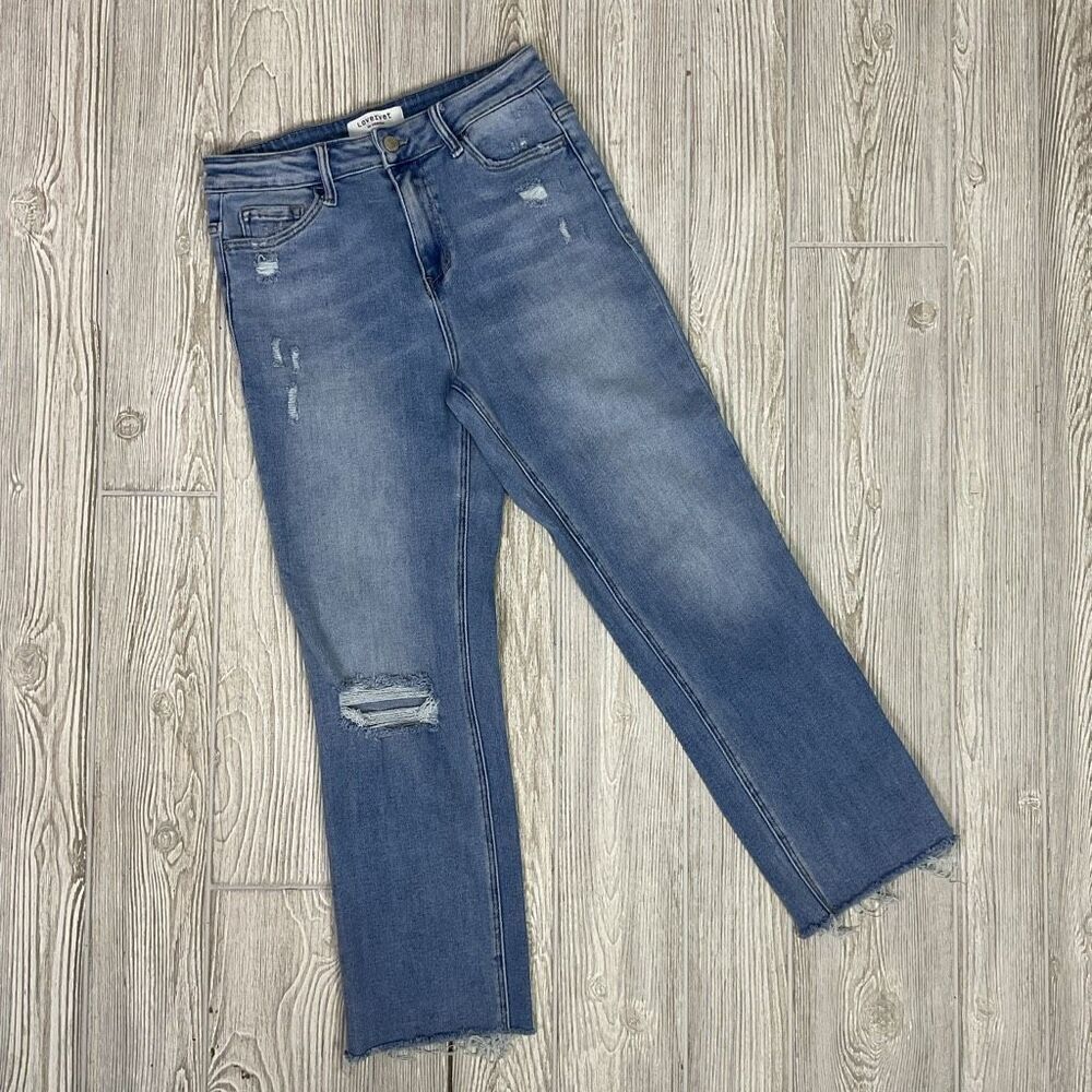 Loveret by Vervet High Rise Slim Straight Jeans Womens 9/29 Cropped Raw Hem Ligh